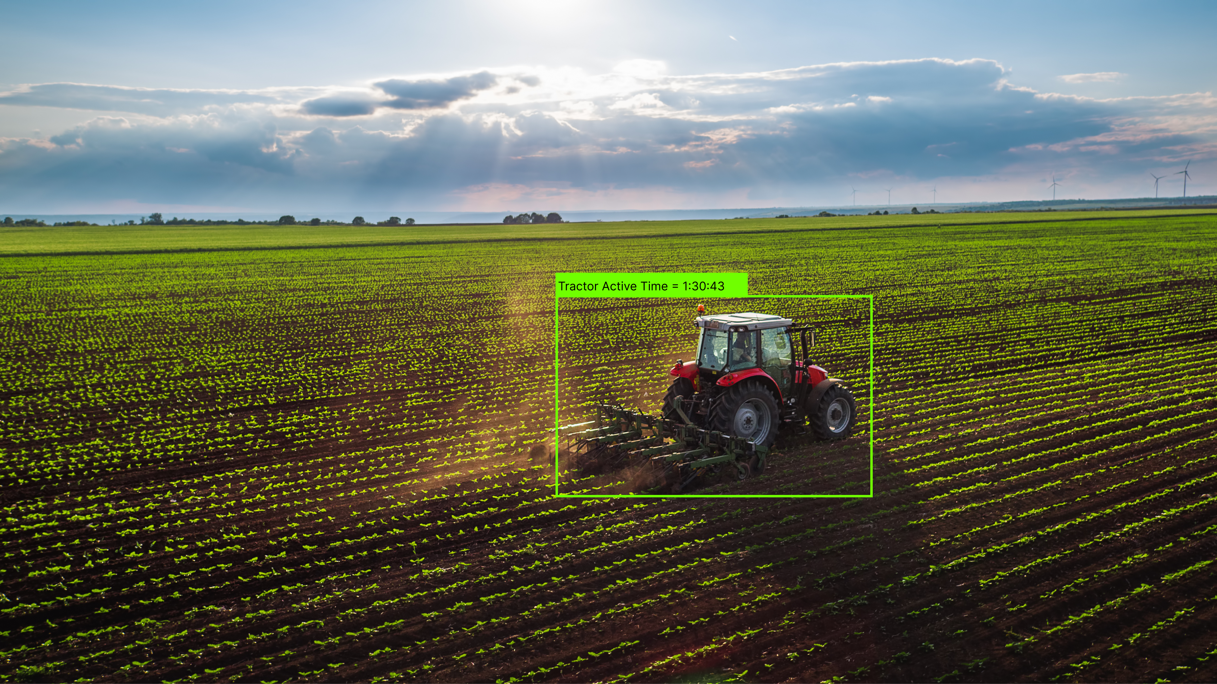 Computer vision monitoring a tractor's active time on farmland.