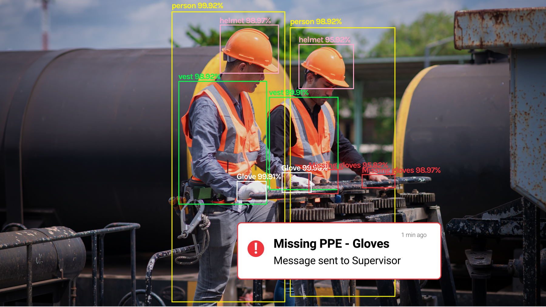 Missing PPE alert detecting a worker is not wearing gloves