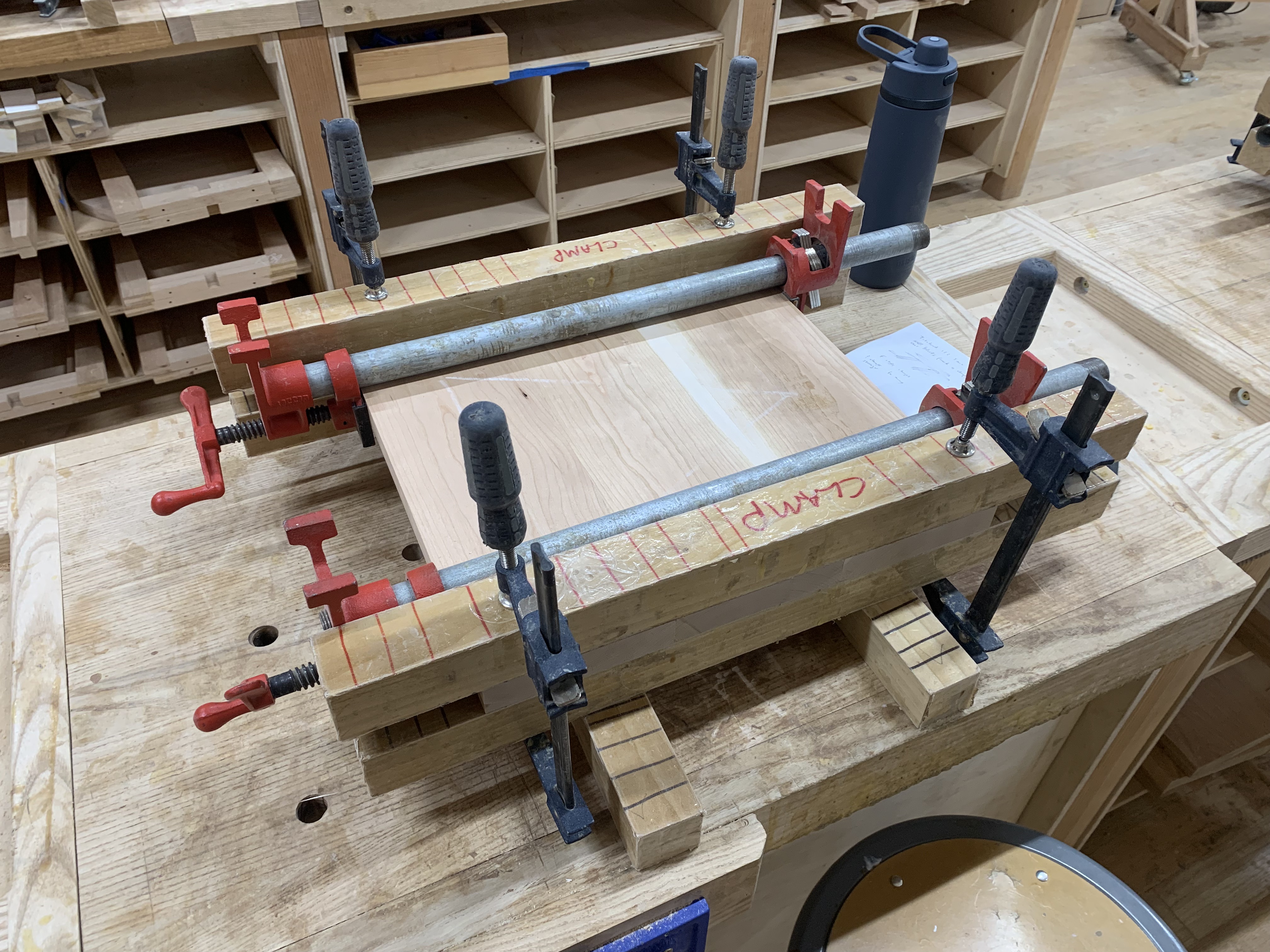 Clamped table top in woodworking class