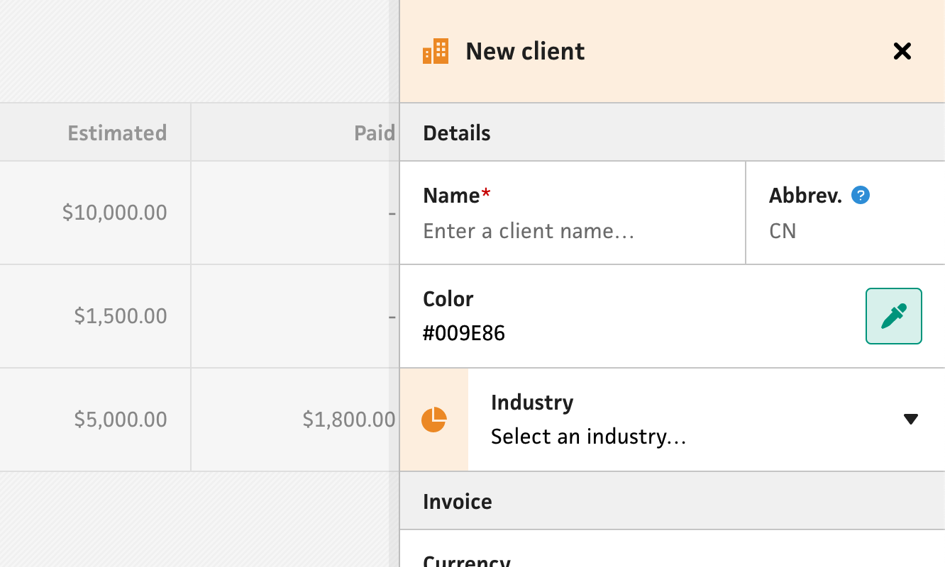 Clients section client form fields