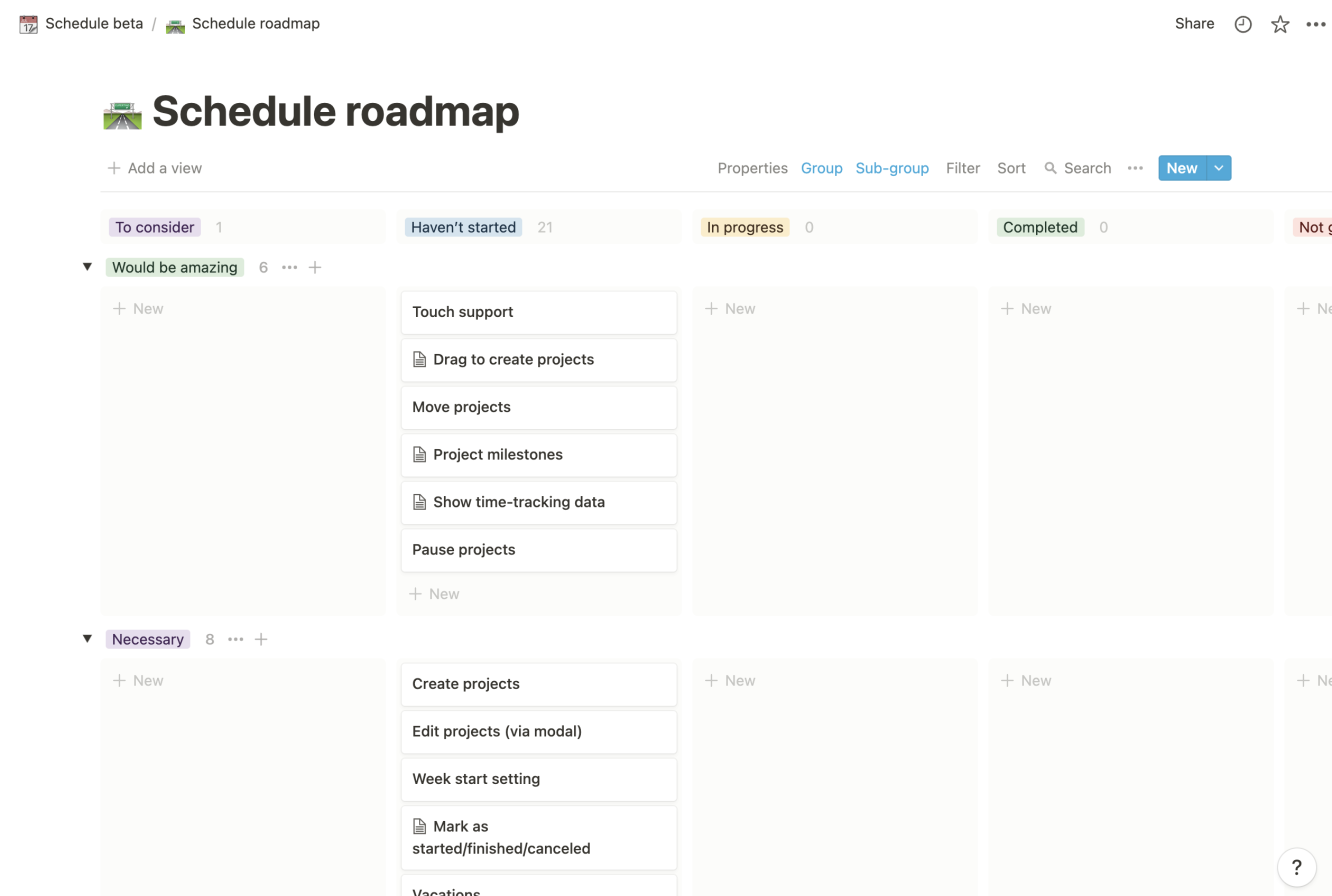 Schedule beta notion roadmap