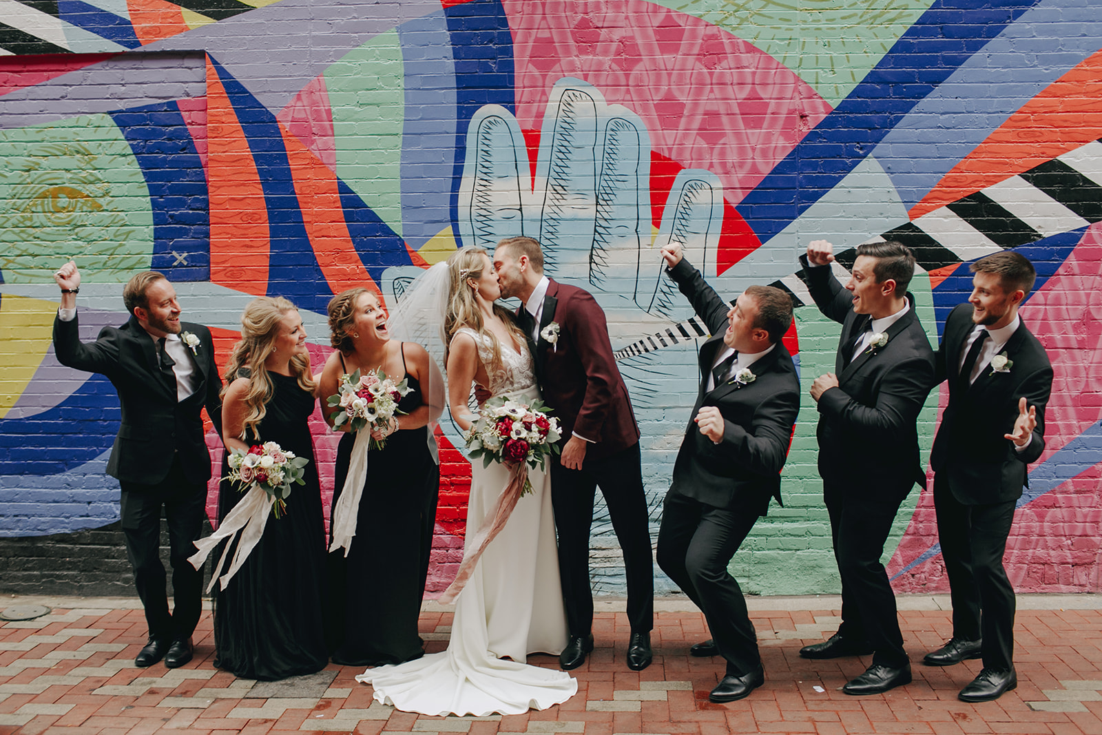 wedding scene with bride and groom, confetti falling
