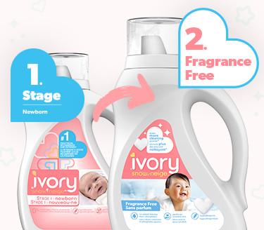 Ivory Snow laundry detergents for different stages. Ivory Snow stage 1: newborn and Ivory Snow stage 2: Fragrance Free
