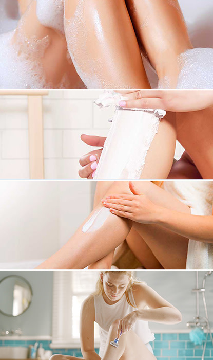 Collage di 4 foto con donne in bagno