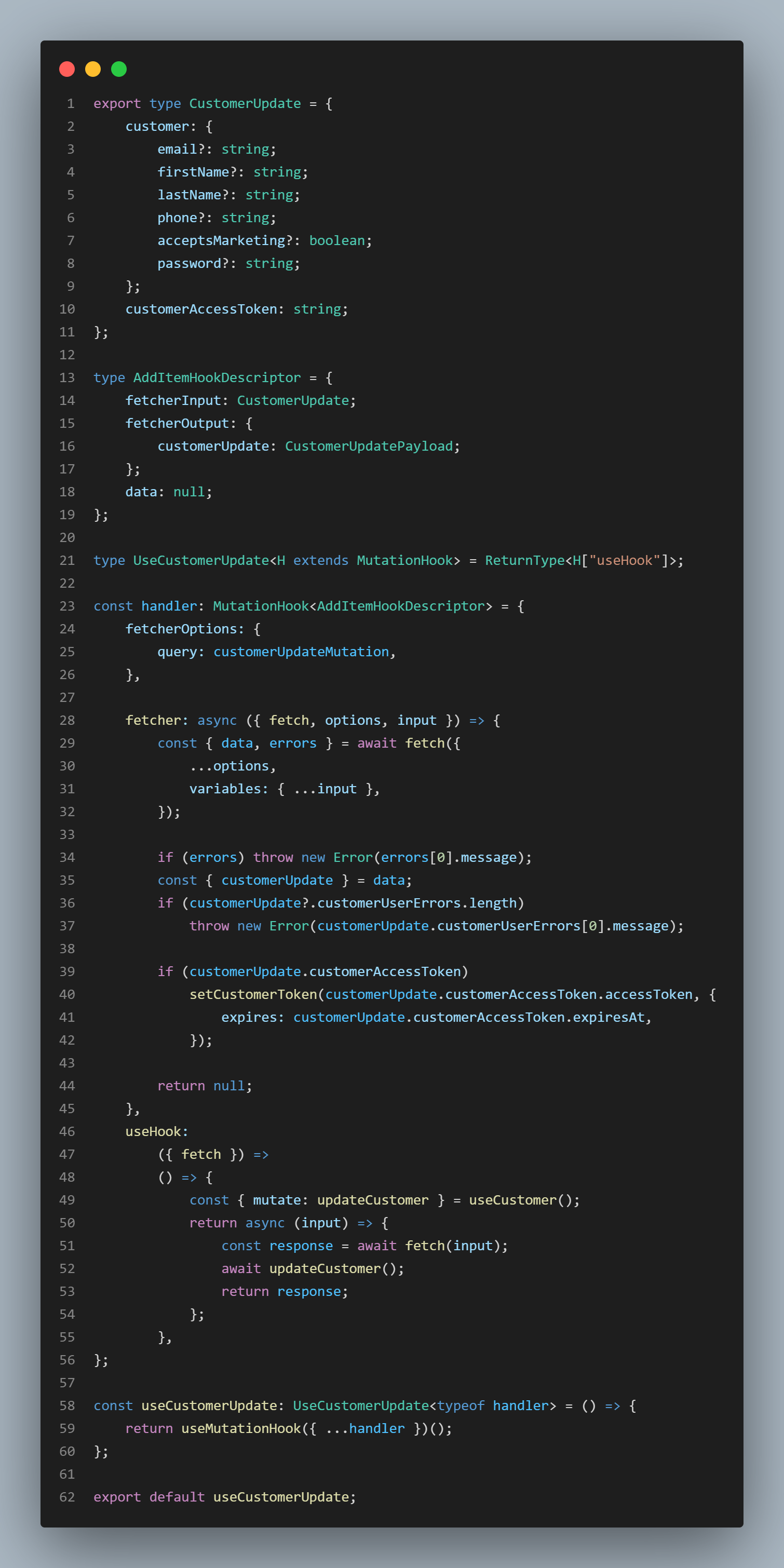 useCustomerUpdate: Will handle the customer mutation update then call useMutationHook to mutate SWR cached data 