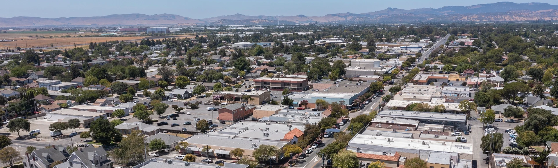 Daytime aerial view of the historic city center of Fairfield, California, USA.