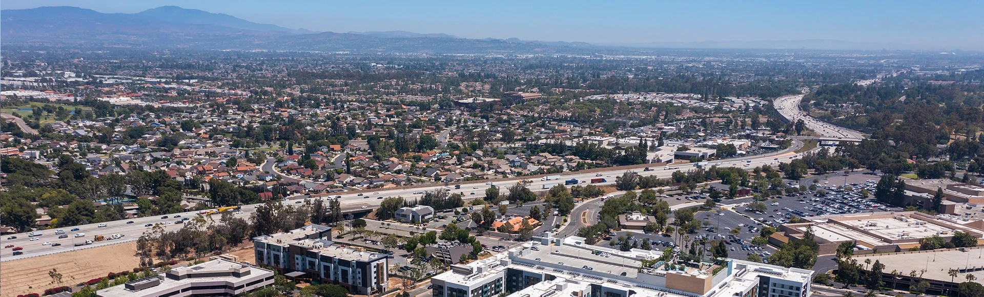 Day time aerial view of the downtown skyline of Brea, California, USA, a city in North Orange County.