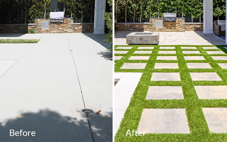 A backyard renovation from flat, faded concrete to artificial turf and paving stones. 