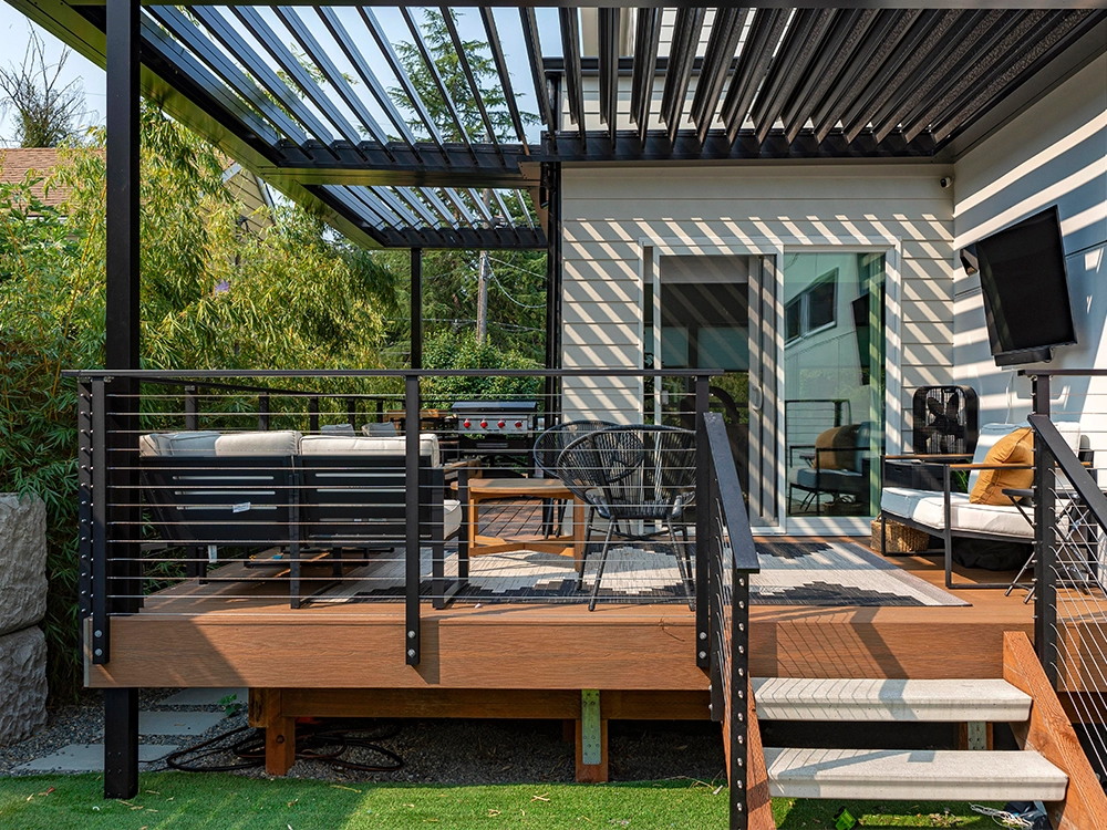 Wooden Seattle Deck with modern Pergola installed by System Pavers