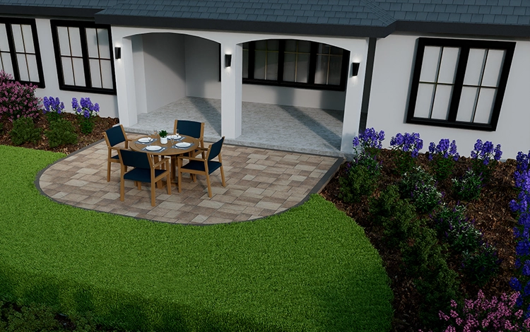 Mock of a paver patio and artificial turf. 