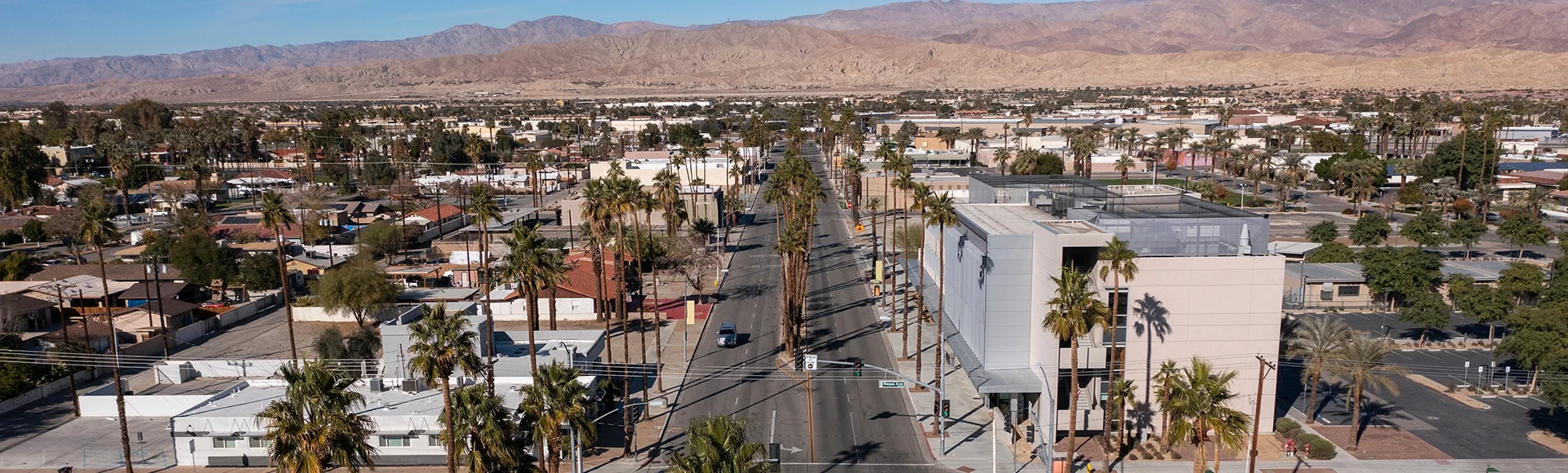 Late afternoon sun illuminates downtown Indio.