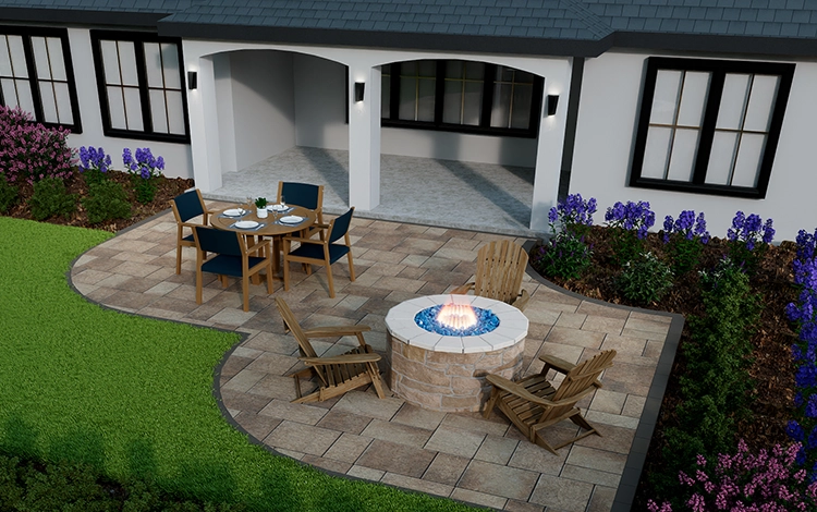 Mock of a paver patio with fire pit and artficial turf