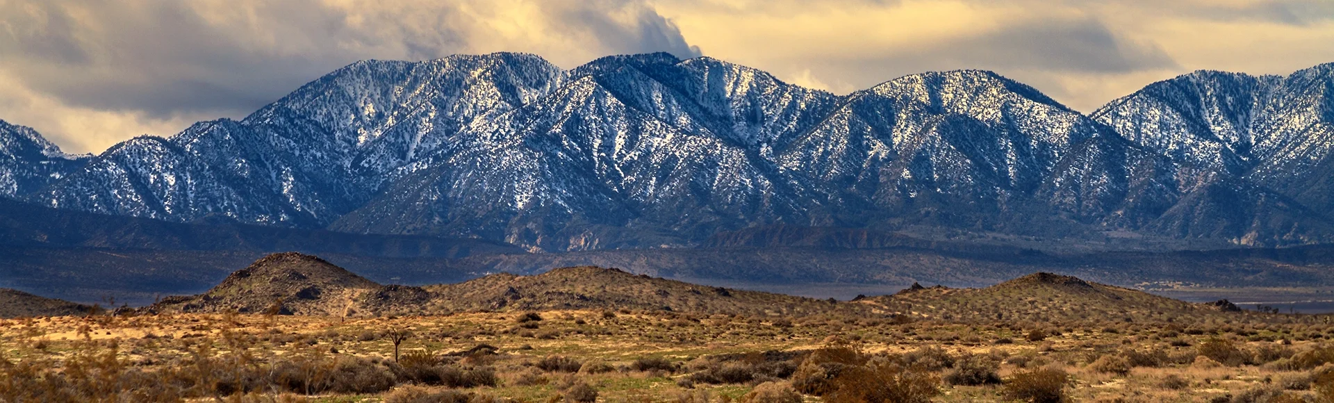 Snow on the San Gabriel Moauntains viewed from the Mojave Desert in California