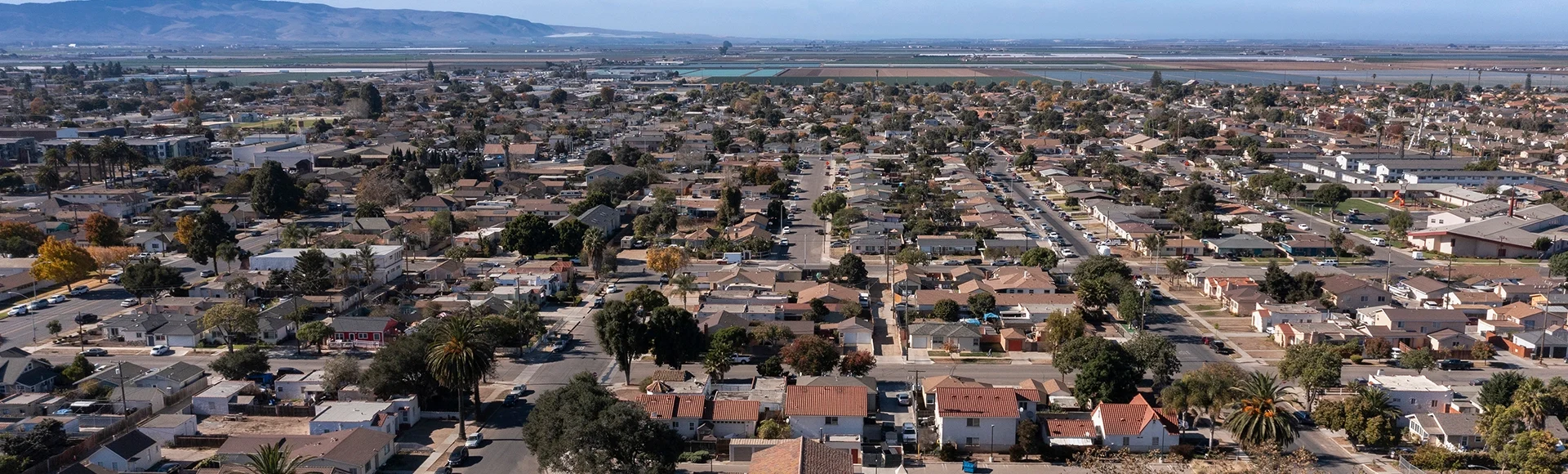 Aerial view of a historic church and surrounding neighborhood of Santa Maria, California, USA.