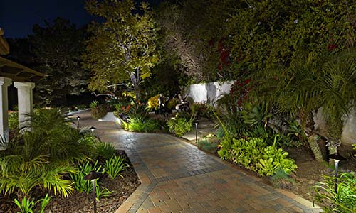 Outdoor lighting, paver walkway, curb appeal, pavers, California, night