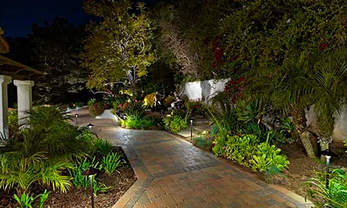 Outdoor lighting, paver walkway, curb appeal, pavers, California, night