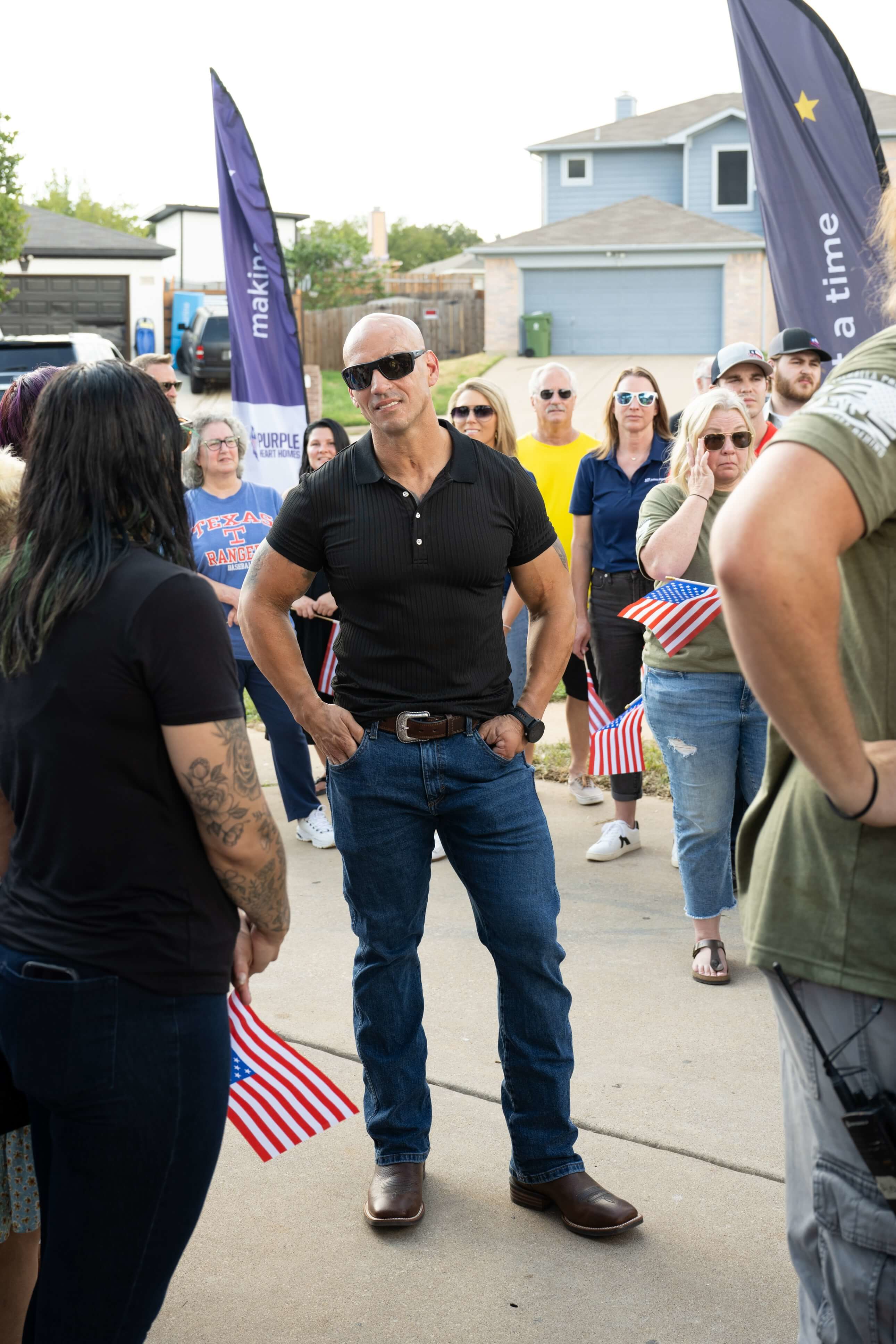 Lifetime Network Military Makeover with Montel Williams US Veteran Carlos Ruiz with Neighbors and Film Crew During Big Reveal Episode