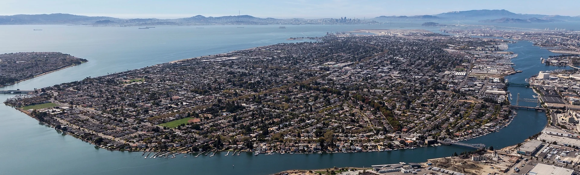 Aerial of Alameda Island and San Francisco Bay near Oakland, California.