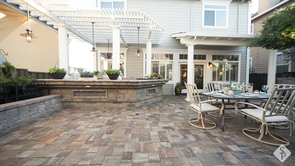 paver patio, white pergola