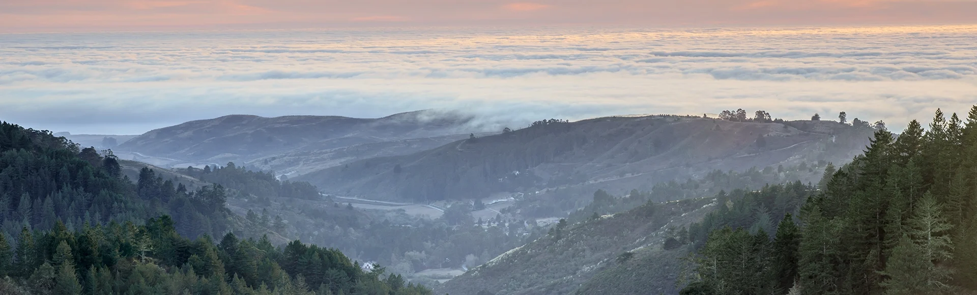 Santa Cruz Mountains and Fog Above The Pacific Ocean. Purisima Creek Redwoods, Redwood City, San Mateo County, California, USA.