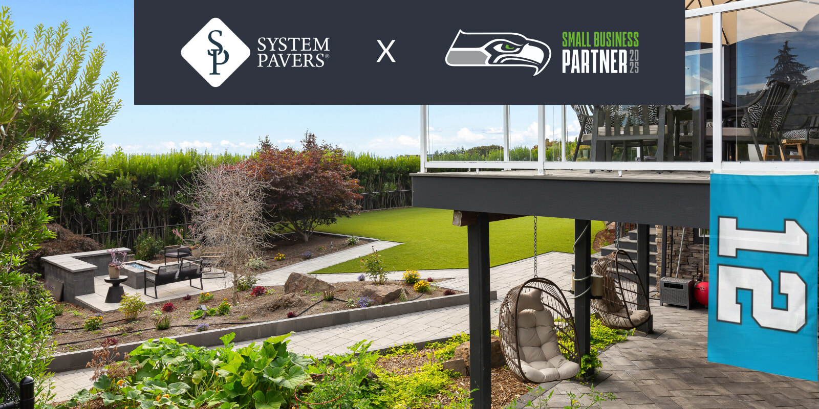 Artificial turf lawn on the water in Seattle with a Seattle Seahawks logo. 