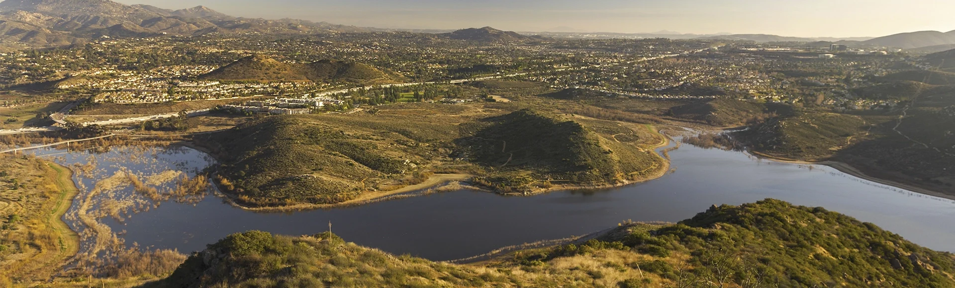 Panoramic Landscape Scenic View of Beautiful Lake Hodges in San Diego County from Summit of Bernardo Mountain in Poway California