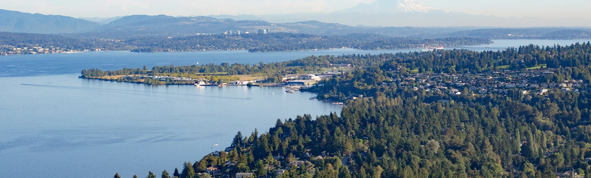 Aerial Kenmore, Washington, Lake Washington, Mt Rainer Background