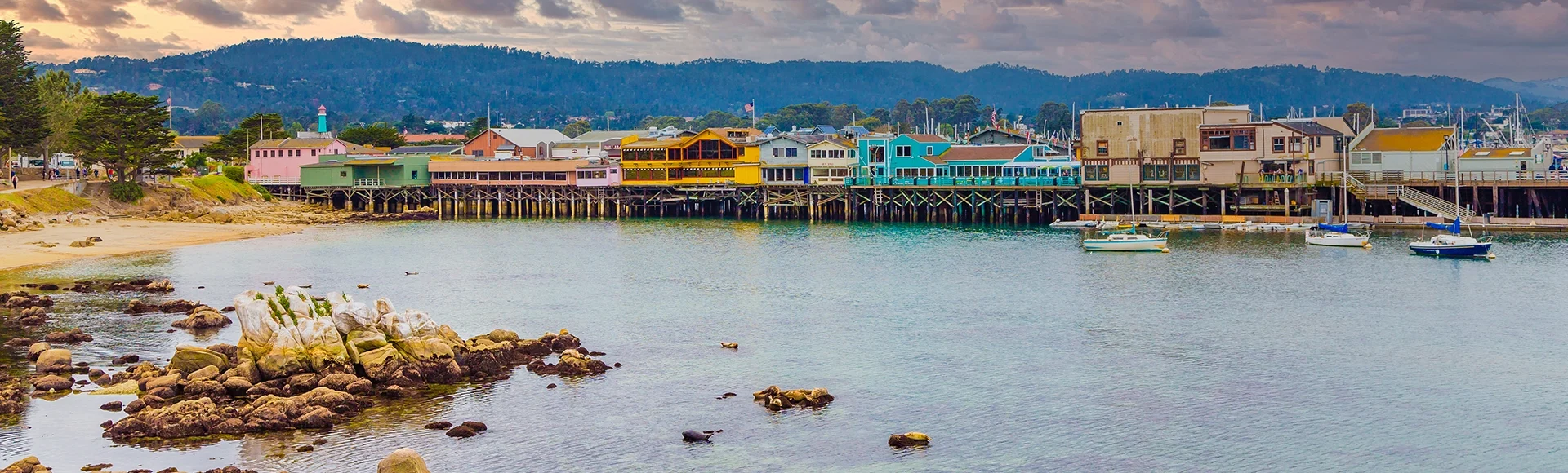 Colorful buildings on the old boardwalk in Monterey California