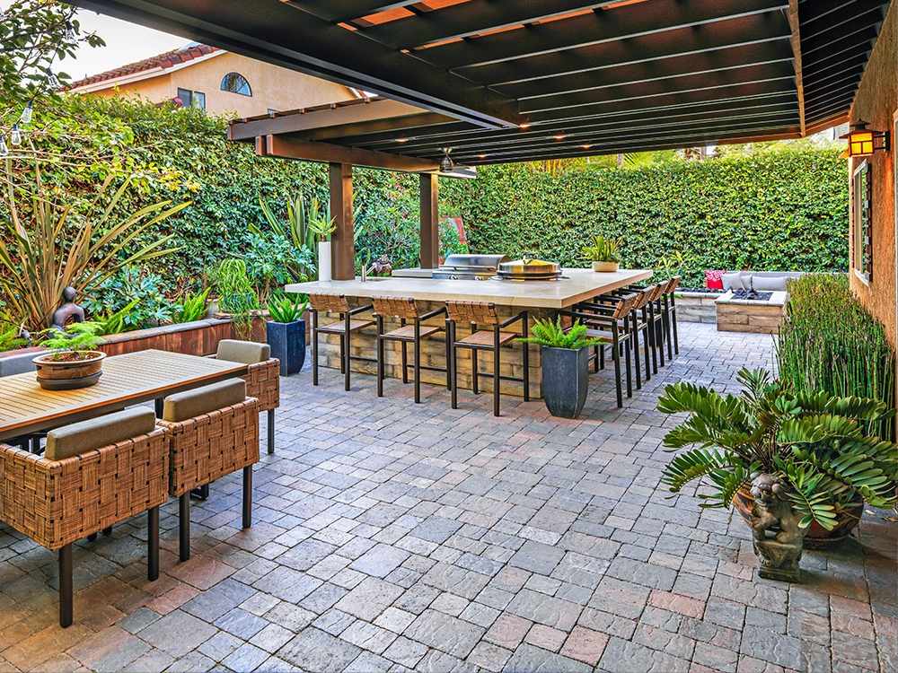 Unique paver patio and outdoor kitchen. 