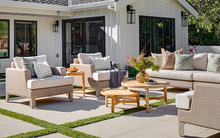 Beautiful California patio with nice lounge chairs. 