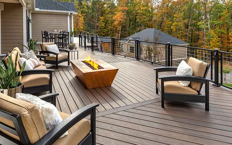 Decking, decks, Trex, Timbertech, composite decking, fire pit, rectangular fire pit, porch, patio furniture, railing, universal region, daytime