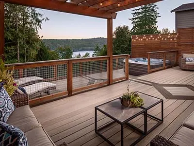 Decking, decks, Trex, Timbertech, composite decking, deck designs, outdoor lights, outdoor living, patio furniture, hot tub, view, PNW, Oregon, Washington, Colorado, universal region, daytime, evening