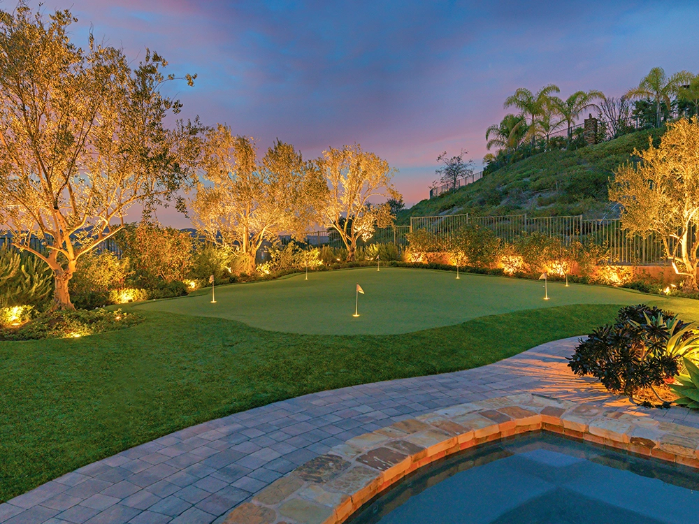 Backyard pool deck with turf putting green