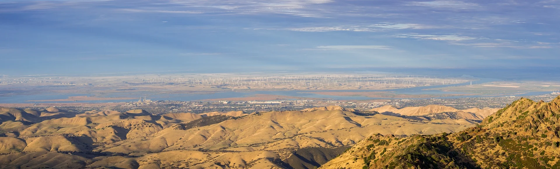 Panoramic view towards San Joaquin river, Pittsburg and Antioch from the summit of Mt Diablo; North Peak in the foreground, Mt Diablo SP