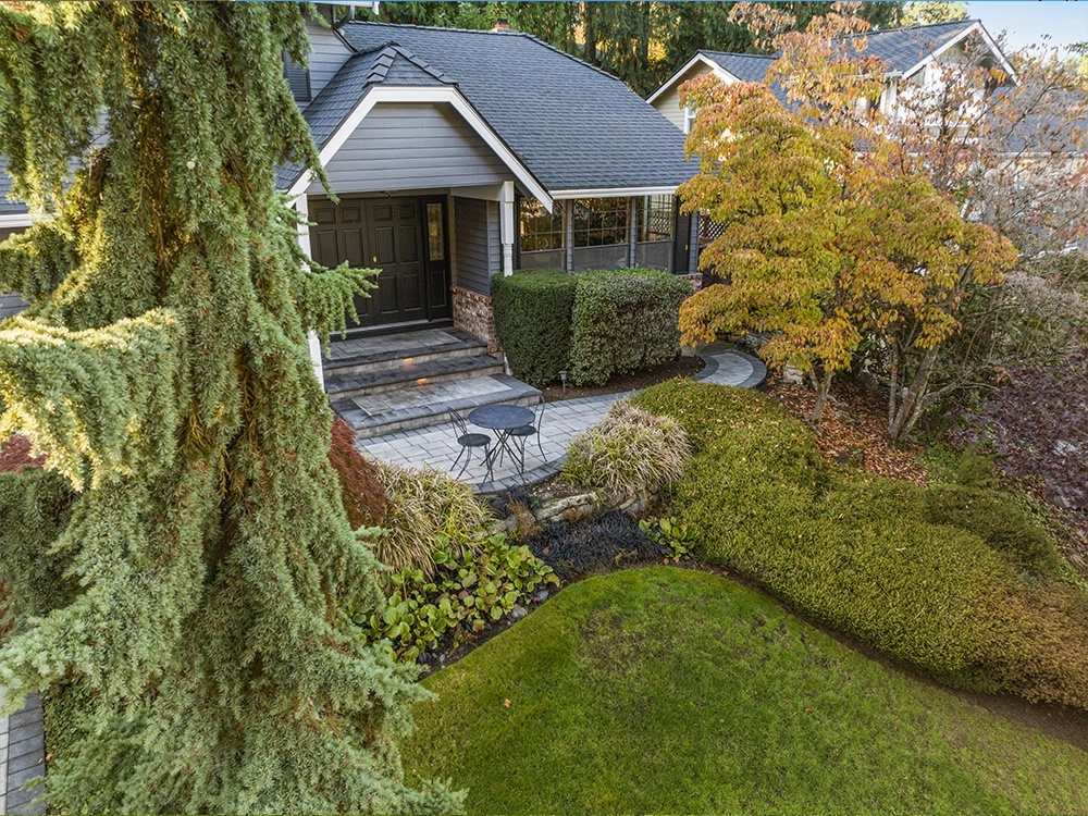 Beautiful front porch made of paving stones in Washington State. 