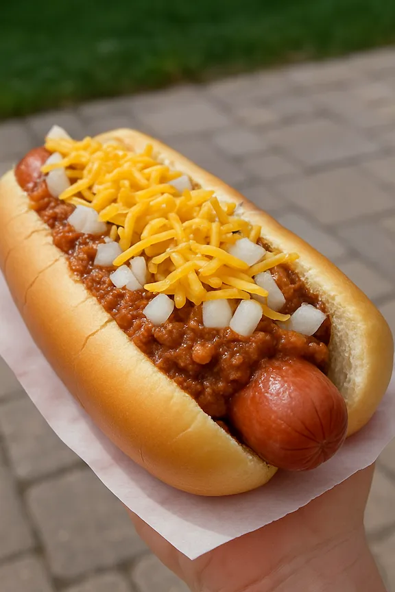 Delicious grilled chili dog over a paver patio