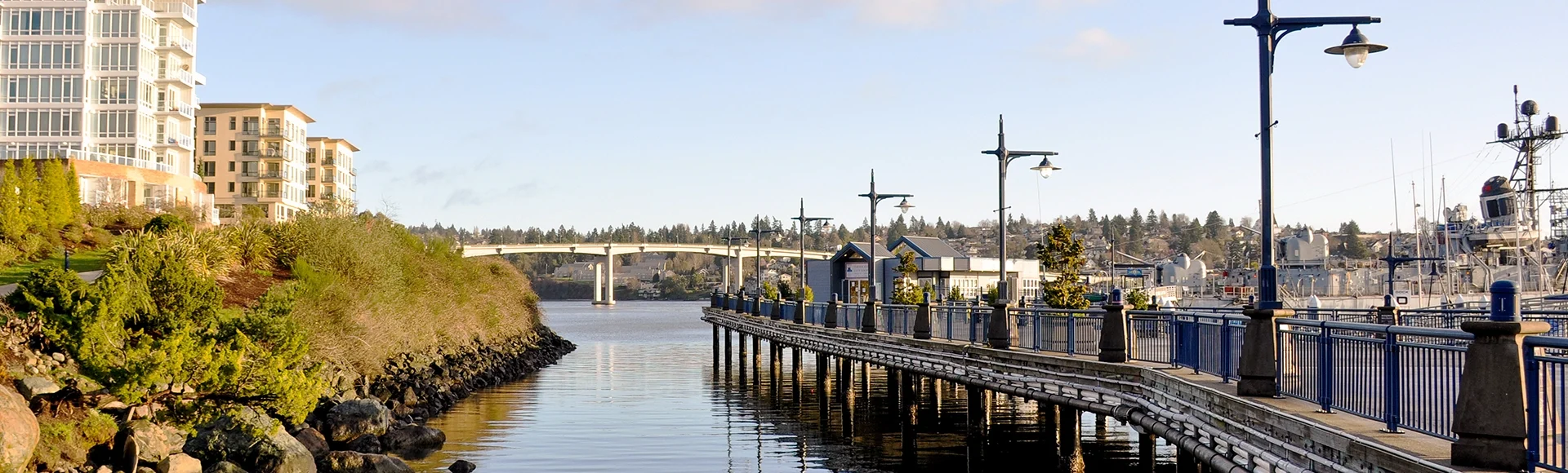 Bremerton Washingon - the waterway with bridge and walking path in downtown Bremerton