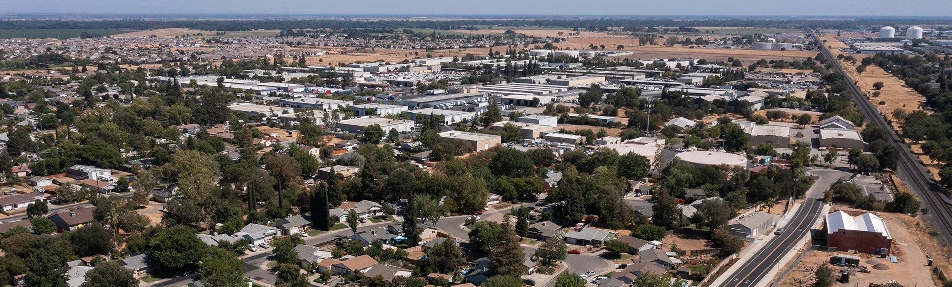 Afternoon aerial view of a suburban neighborhood of Elk Grove, California, USA.