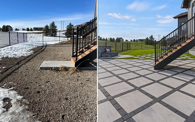 Before and After yard in Colorado with paving stone pattern and turf insets. 