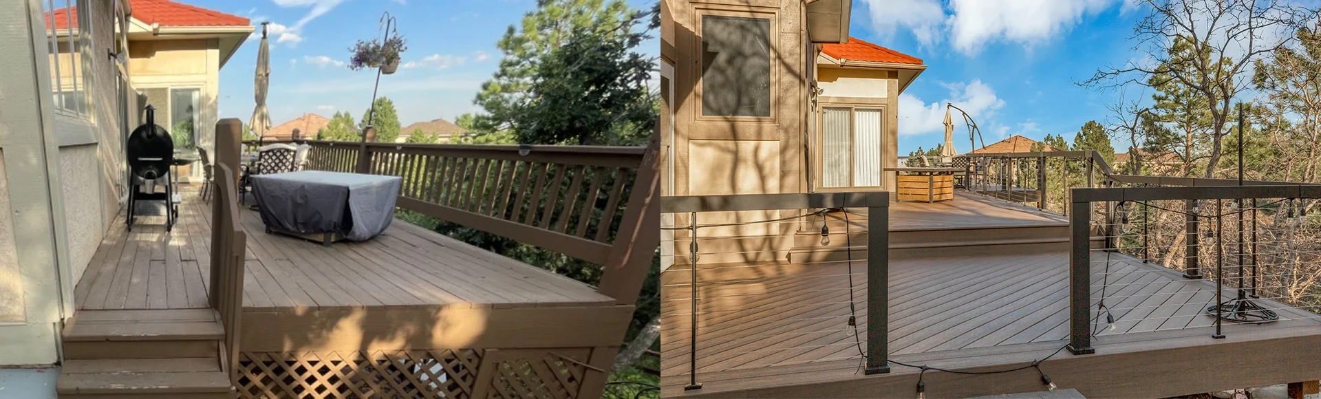 Complete deck rebuild completed by System Pavers. Includes composite wood decking, updated railing and new tiered feature. 