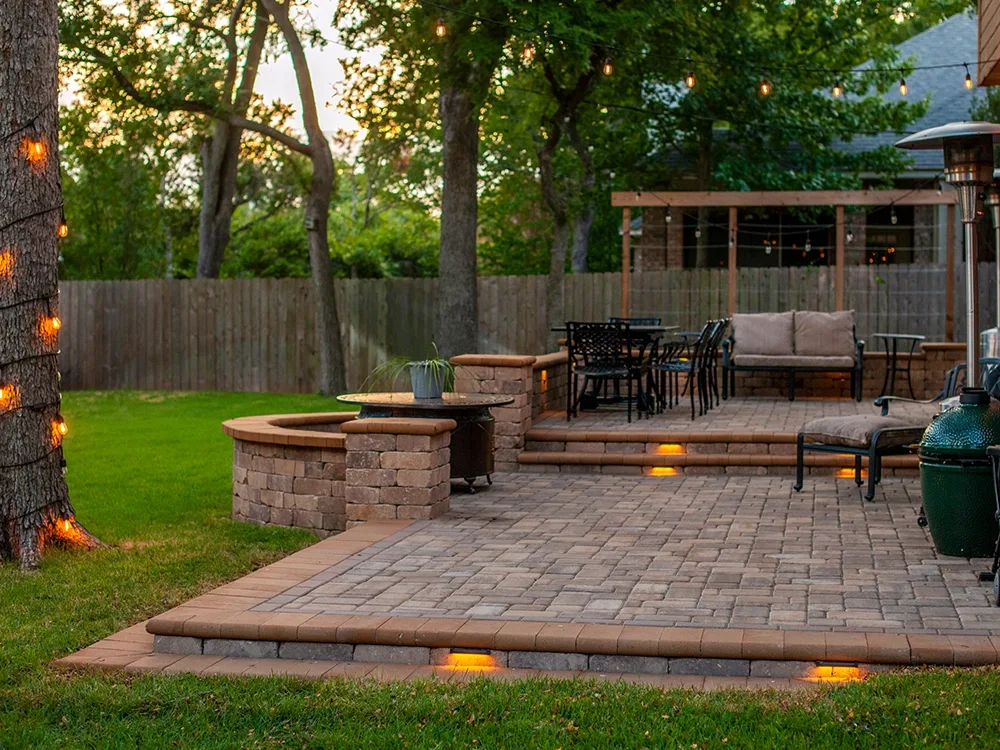 Back patio in Austin with built-in lighting.