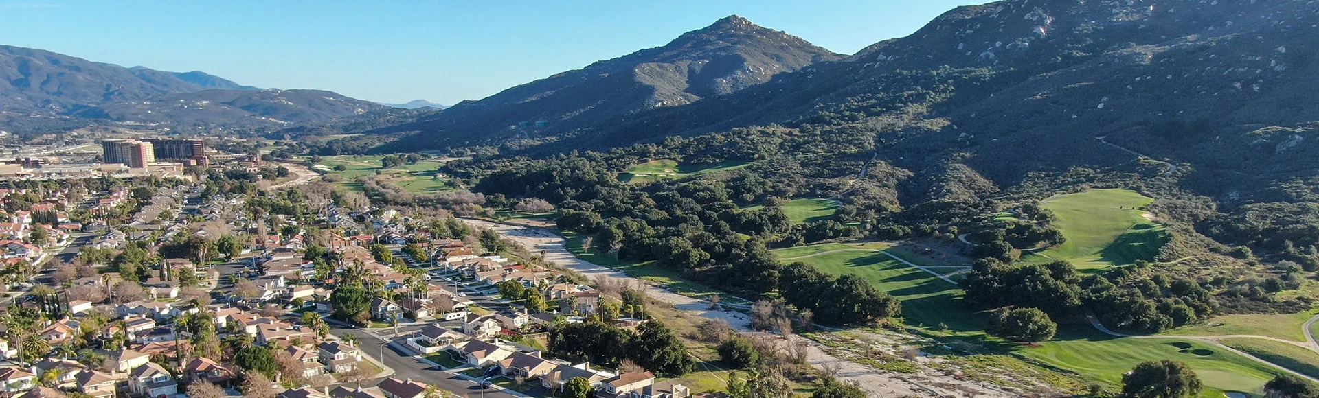 Aerial view of residential town during blue sunny day in Temecula, California, USA.