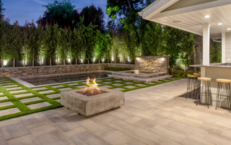 Backyard with built-in fire pit and pool