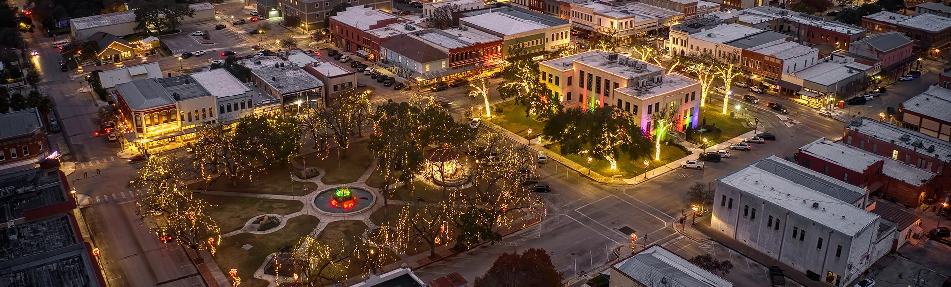 Aerial View of Seguin, Texas at Dusk during the Winter Holiday Season