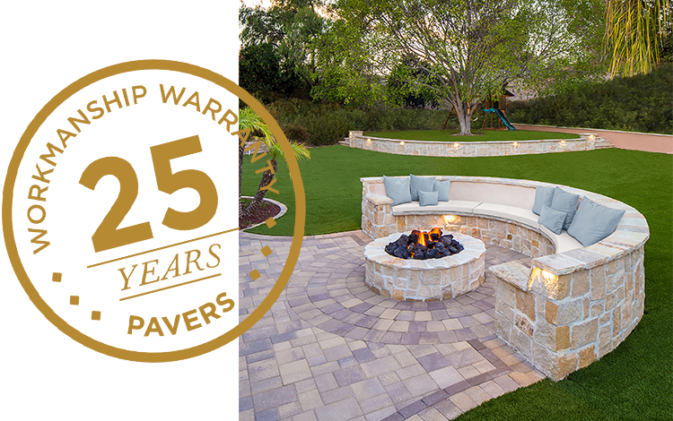 Warranty logo with stone firepit and patio. 