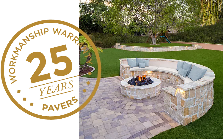 Warranty logo with stone firepit and patio. 