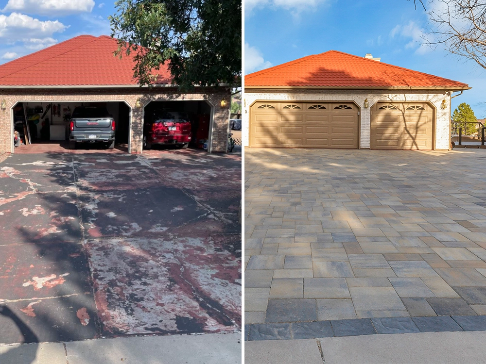 Before and after driveway - broken asphalt vs interlocking paving stones