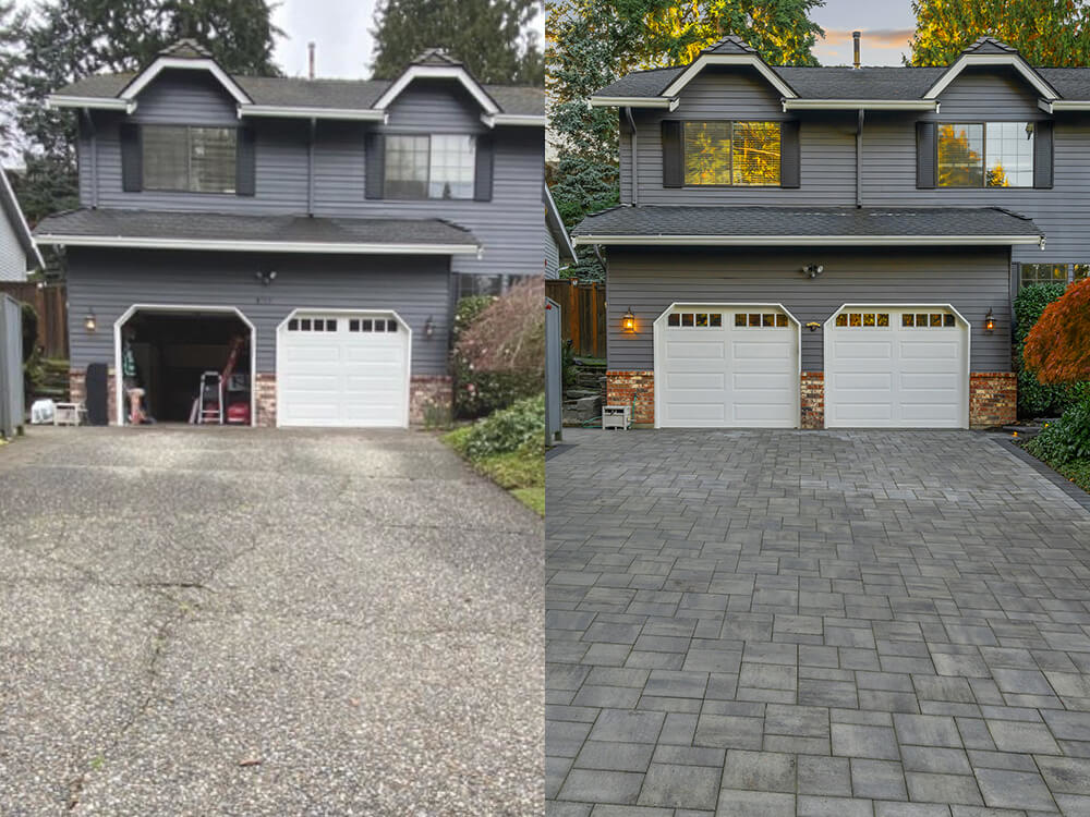 Before and after driveway. Left is broken asphalt and right is interlocking paving stones