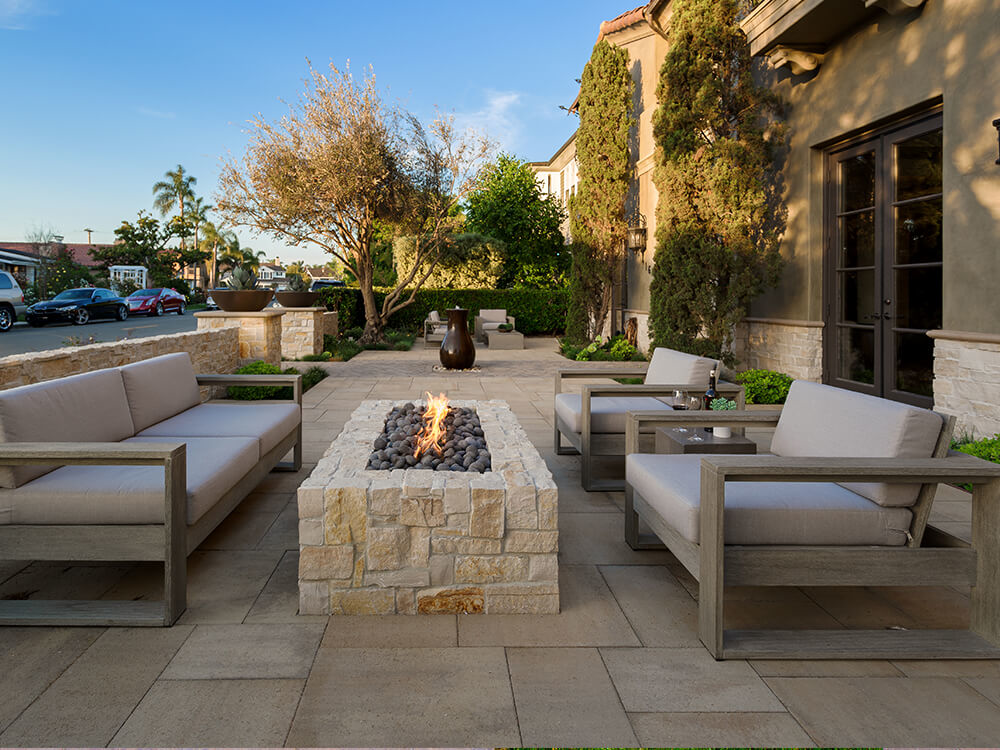 Front patio and walkway with fire pit