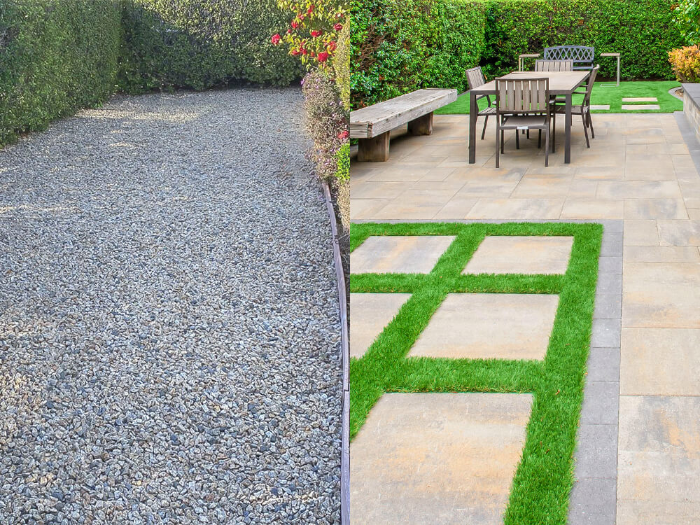 Before and after side yard. Left is gravel and right is paving stones and turf with furniture